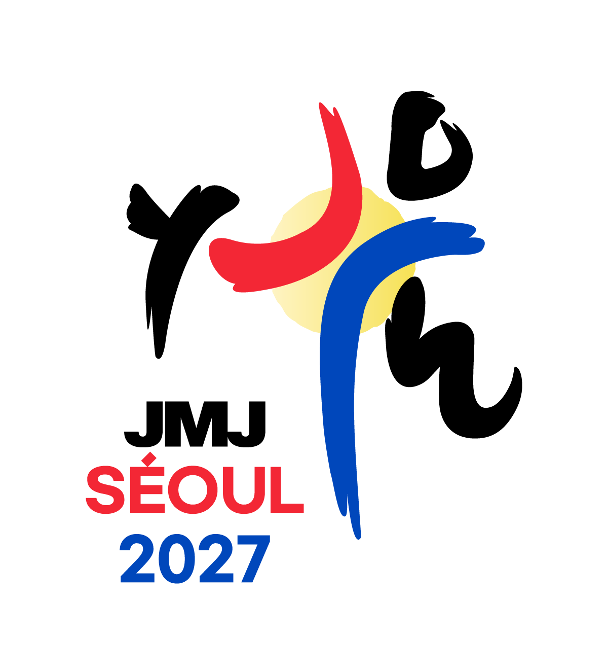 Official World Youth Day Seoul 2027 logo: Korean brushstrokes forming a cross and reading Seoul